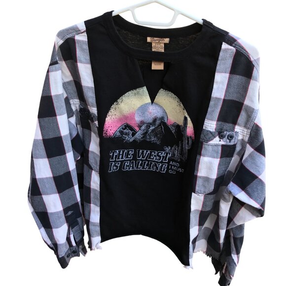 Reworked Buffalo Plaid Tee, Size M-L: Upcycled Oversized Mountain Graphic Shirt - Picture 1 of 11